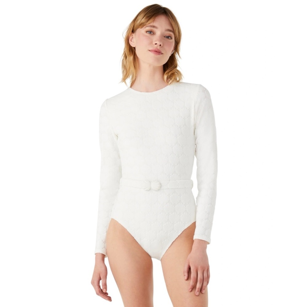 Kate Spade Belted Long Sleeve One Piece rash guard Shell Jacquard Swimsuit NEW - Picture 2 of 7